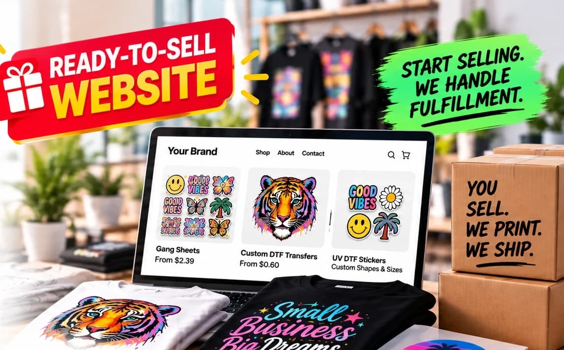 A reseller's storefront on a laptop selling gang sheets, custom DTF transfers, and UV DTF stickers, beside printed T-shirts and shipping boxes