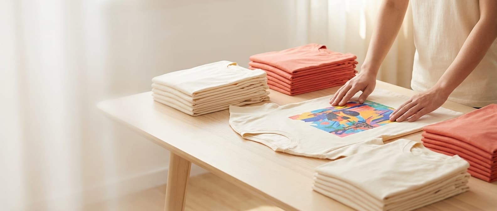 Freshly printed graphic T-shirts being prepared for customer orders